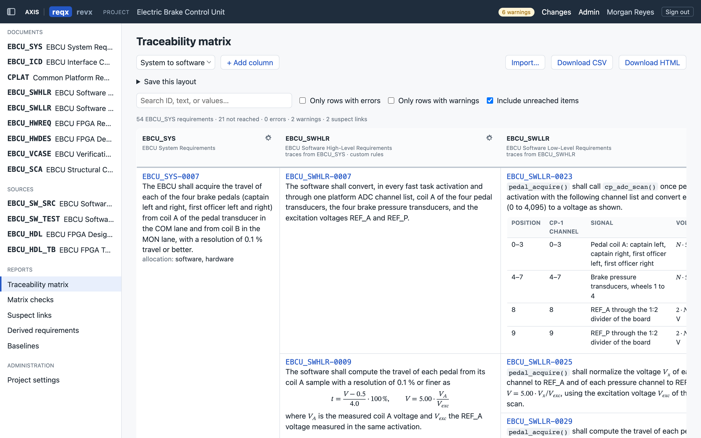 The reqx traceability matrix 'System to software' with columns for system, software high-level, and software low-level requirements, and filters for rows with errors or warnings.