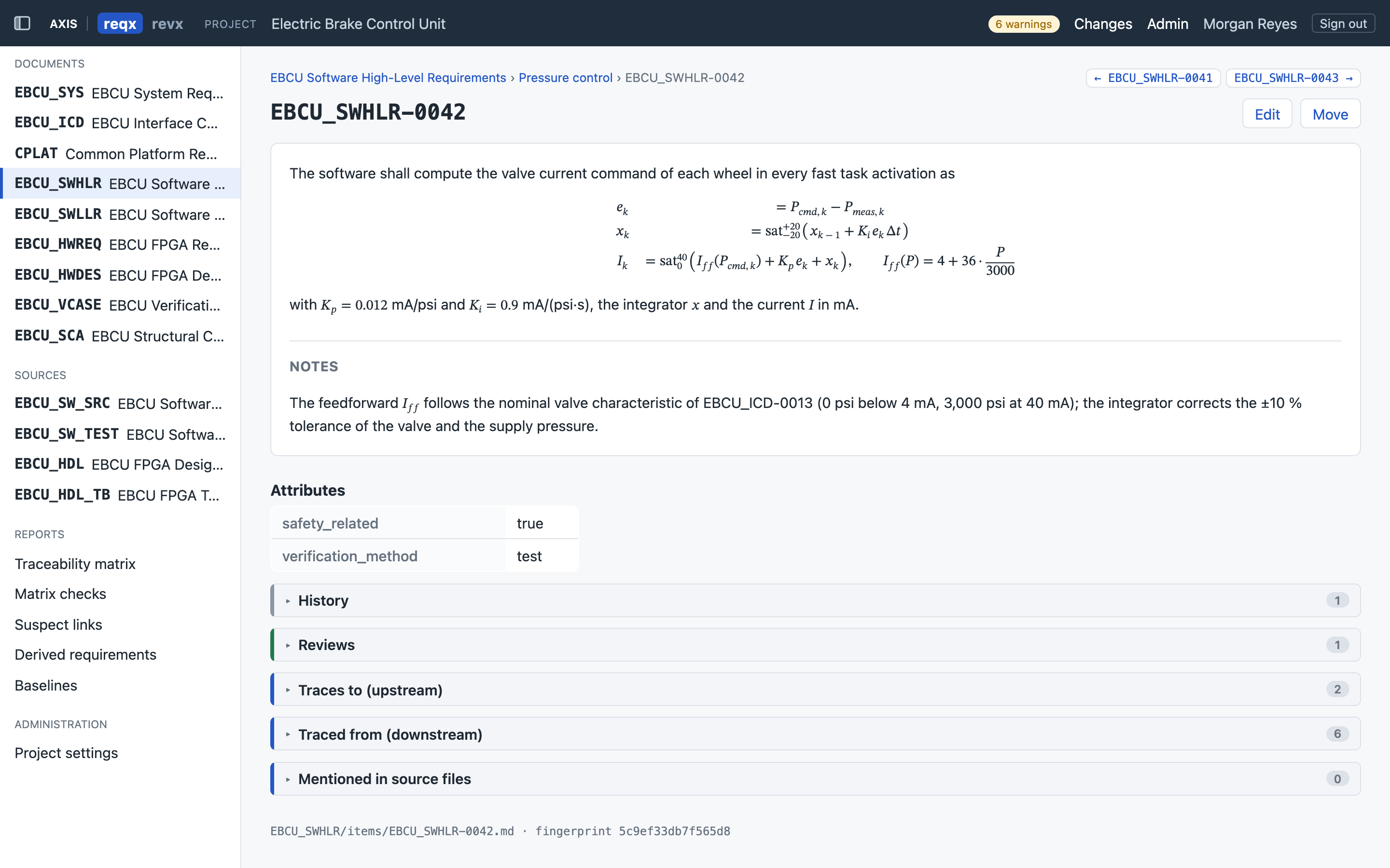 A reqx requirement page for a brake pressure control law, with typeset equations, a notes section, attributes, and collapsible history, reviews, and trace sections.