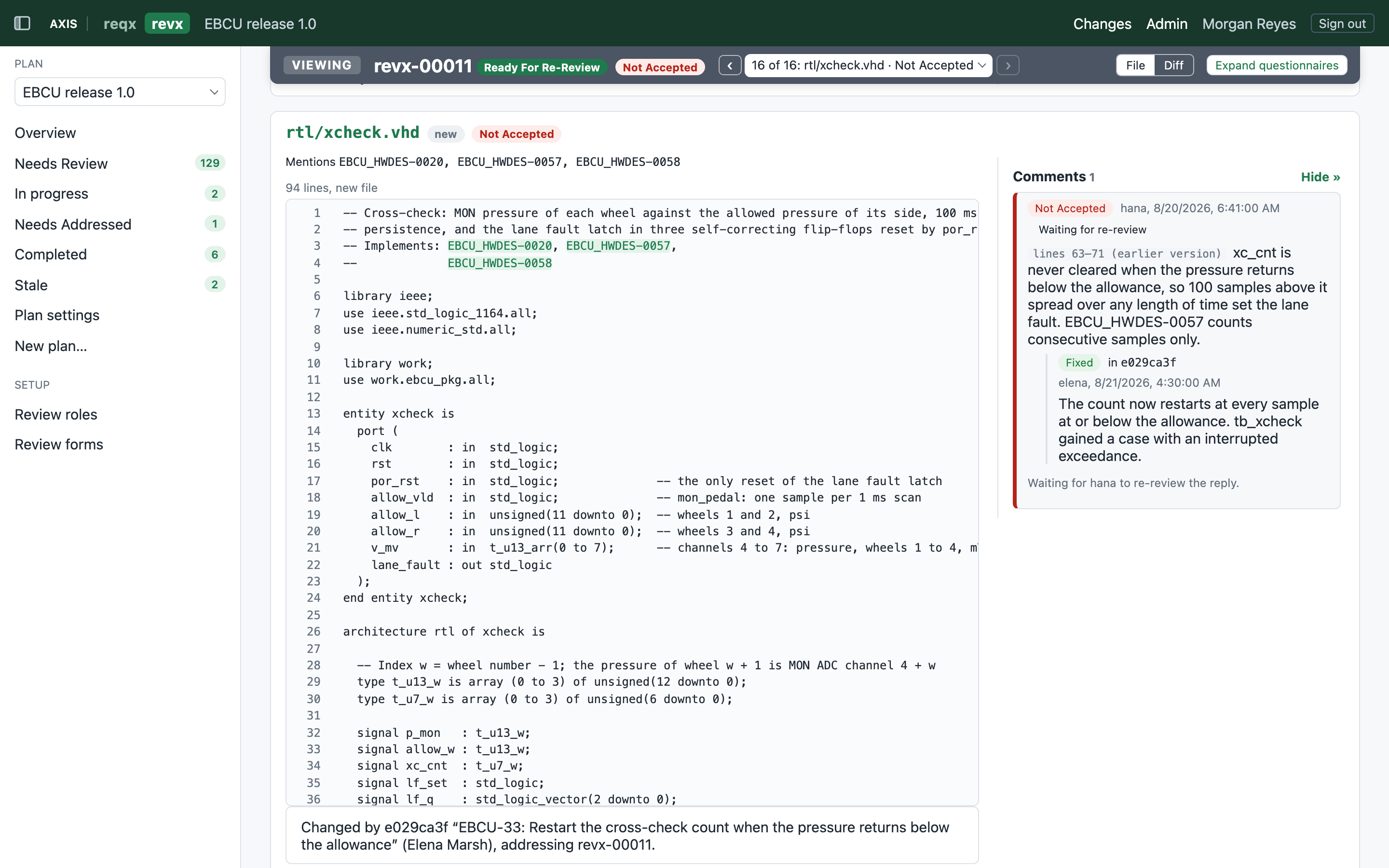 A revx HDL code review showing a VHDL file with a Not Accepted comment from the independent hardware reviewer, waiting for re-review.