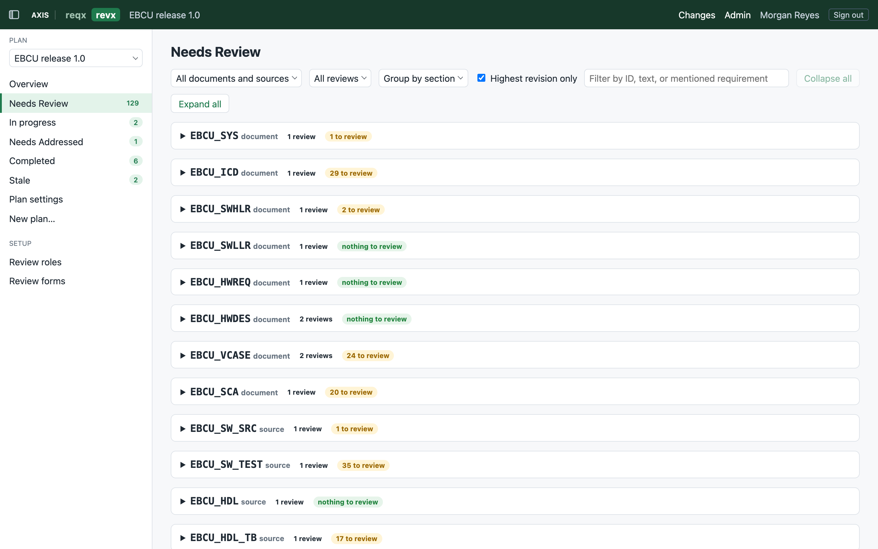 The revx Needs Review page for the EBCU release plan, listing items that need review grouped by review.